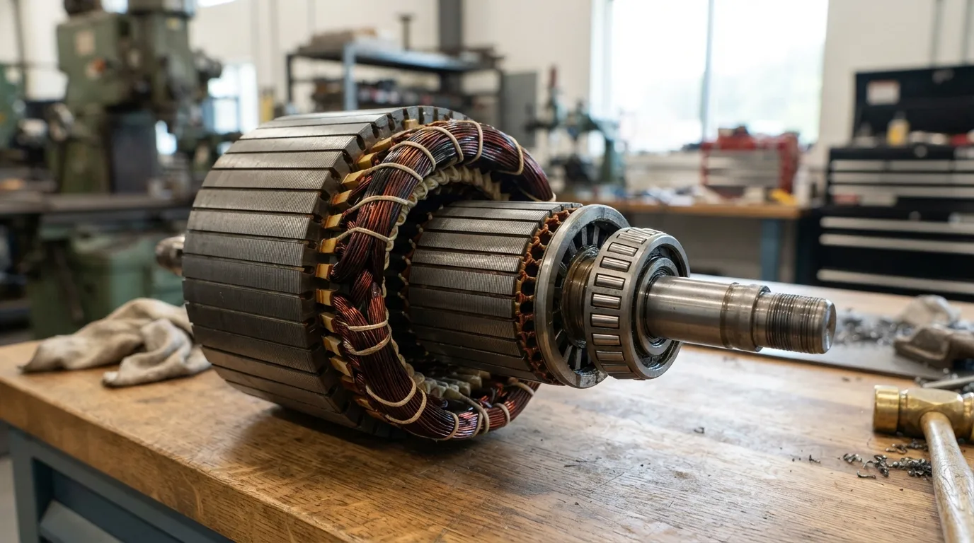 Primo piano di un rotore e statore di un motore elettrico con avvolgimenti in rame e nucleo in acciaio laminato.