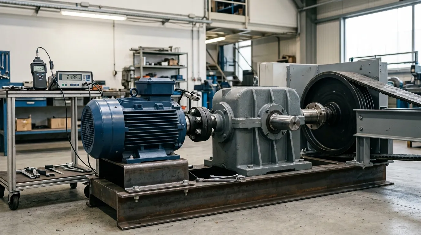 Cambio industriale e motore con apparecchiature di misurazione di velocità e coppia nelle vicinanze